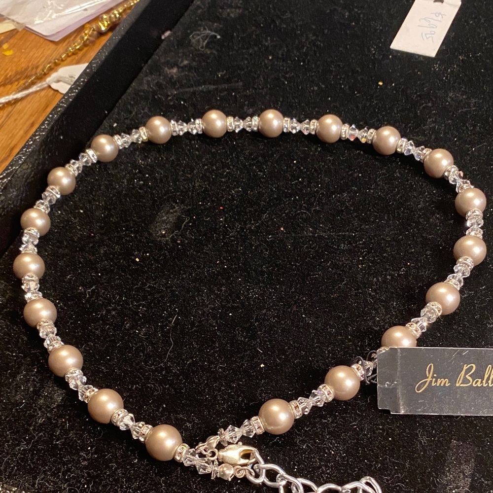 Jim Ballou Taupe Pearl & Crystal Strand Necklace